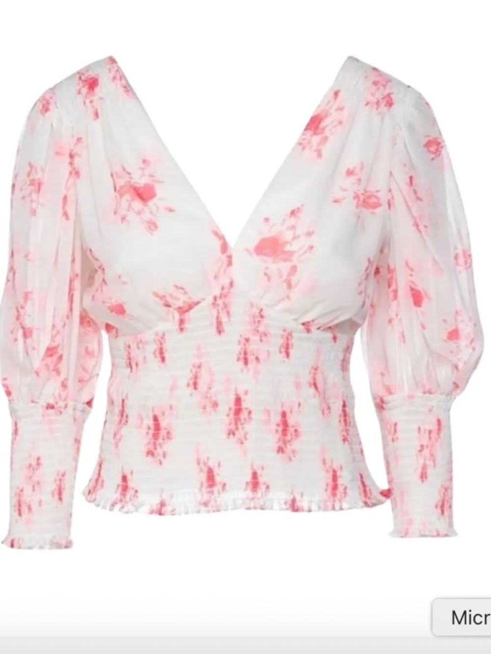 Self-Portrait Pink Floral Smocked V-Neck Puff Sleeve Blouse Size 2
